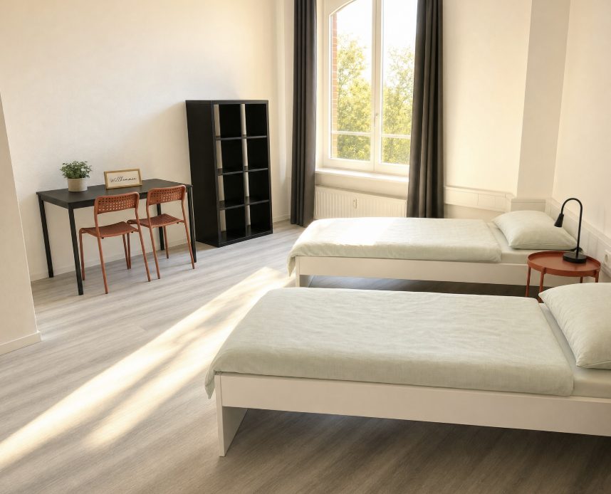 Monteurzimmer Erfurt: helles Zimmer mit zwei Betten, Schreibtisch und Regal